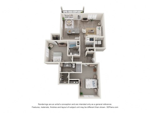Floor plan for 2 beds, 2 baths, 1295 sqft